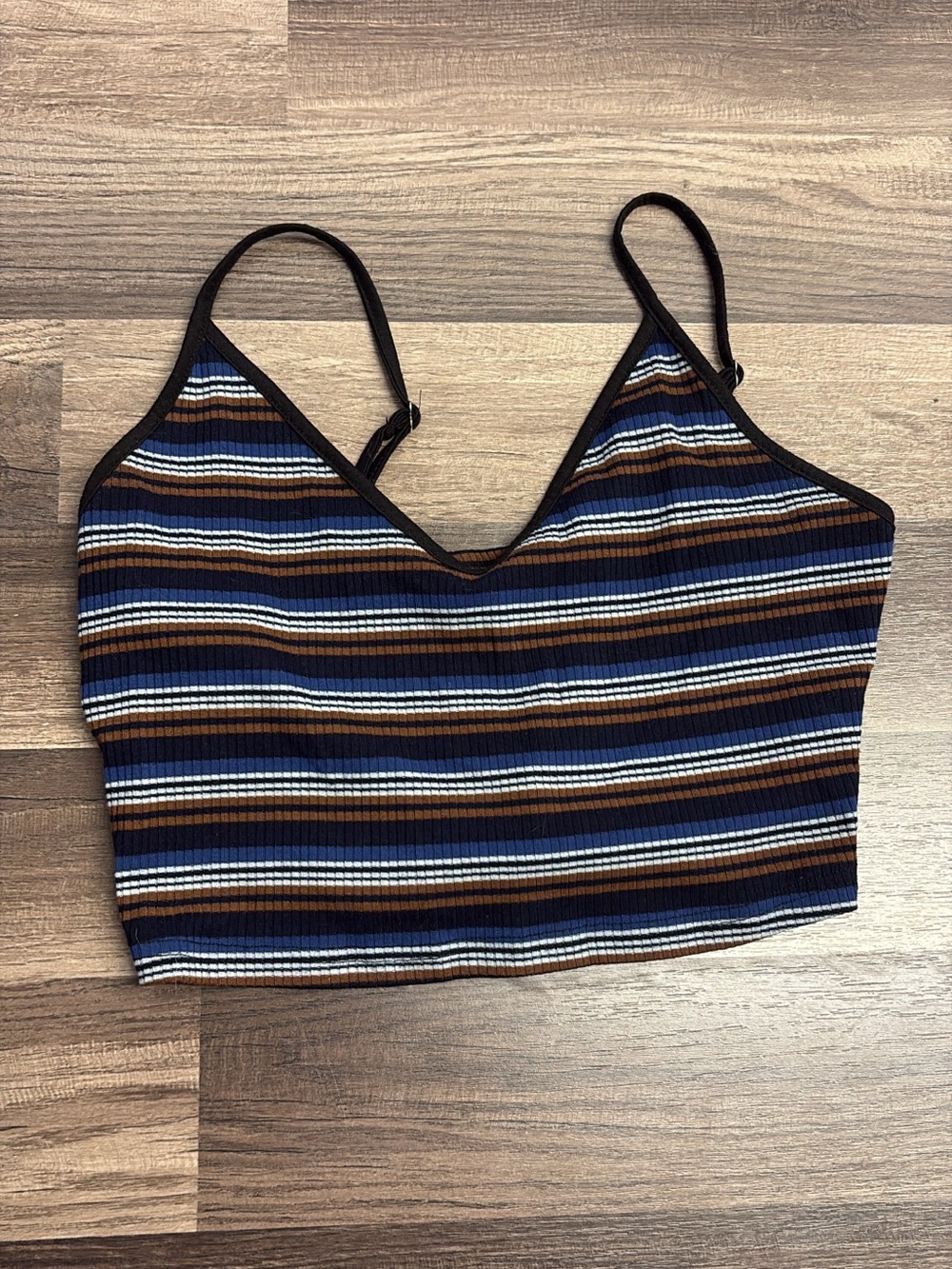 Striped Ribbed V-Neck Cami Top in Navy and Brown - Picture 2 of 2